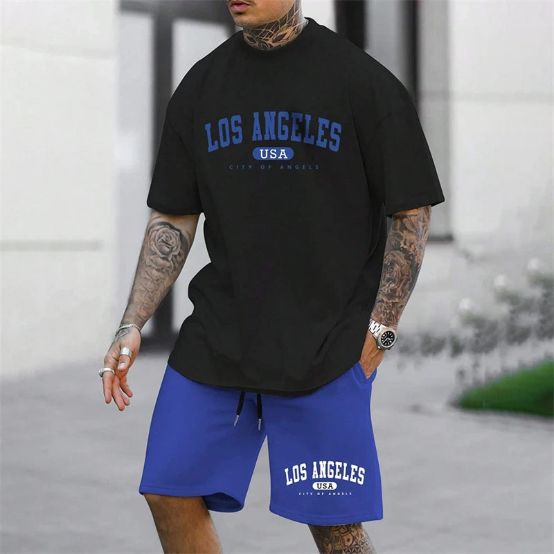 Men's Outdoor Letter Print Shorts Set Two-Piece Streetwear Two-Piece Athletic Wear Crew Neck T-Shirt Fashion Men's Apparel