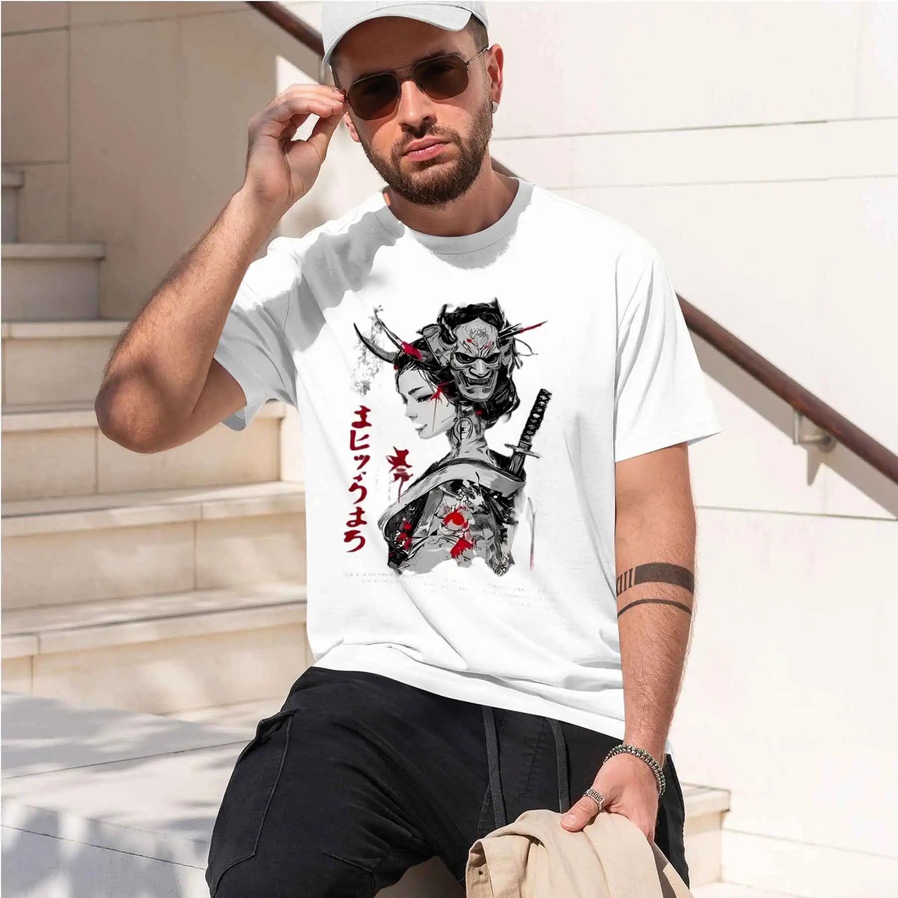 new printed T-shirt printed with  Men's Japanese Dark Ukiyo-e T-shirt, Oni Mask Geisha Katana Print Cool Street Style Top