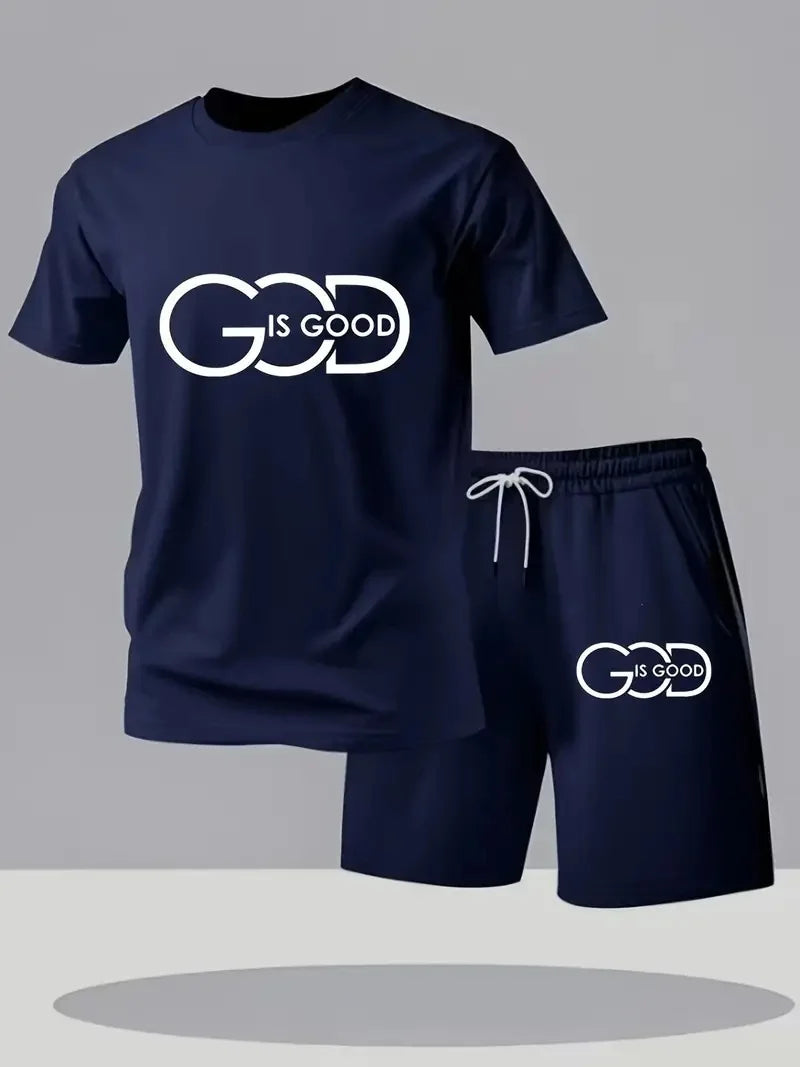 Street Fashion Trend Men's Round Neck Short Sleeved Set, Outdoor Simple Round Neck Top, Casual and Comfortable Shorts