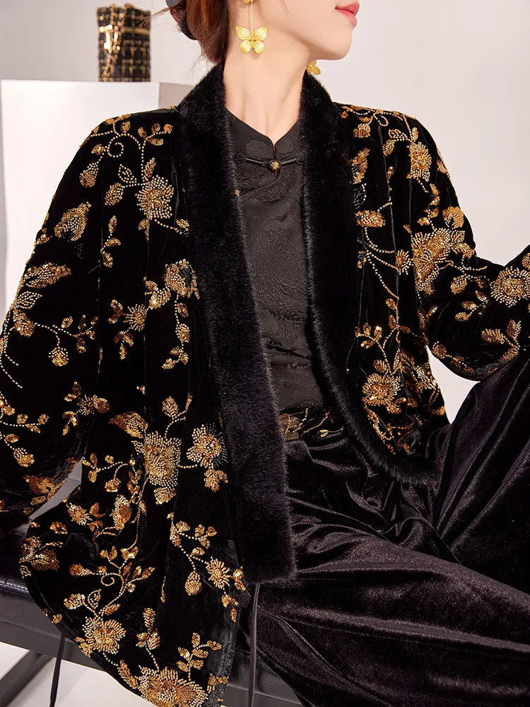 New Chinese Style Winter Women's Clothing, High-end V-neck New Chinese Style Gold Bead Embroidered Cotton Jacket Coat Outerwear
