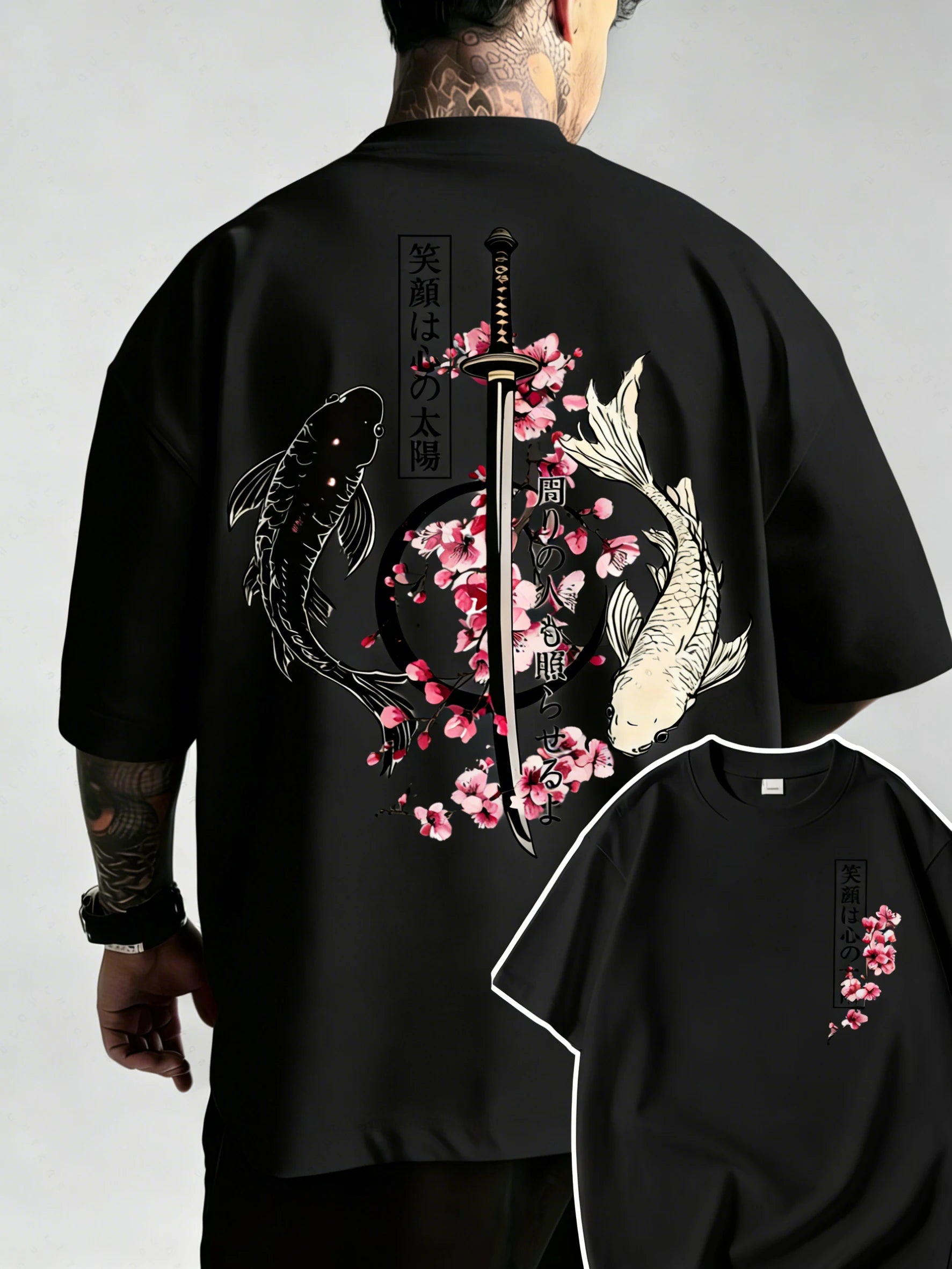 Summer Hot Japanese Yin Yang Koi Fish & Samurai Sword Pattern Cotton Men’s T-Shirt Short Sleeve Tees Casual Oversized Unisex Top
