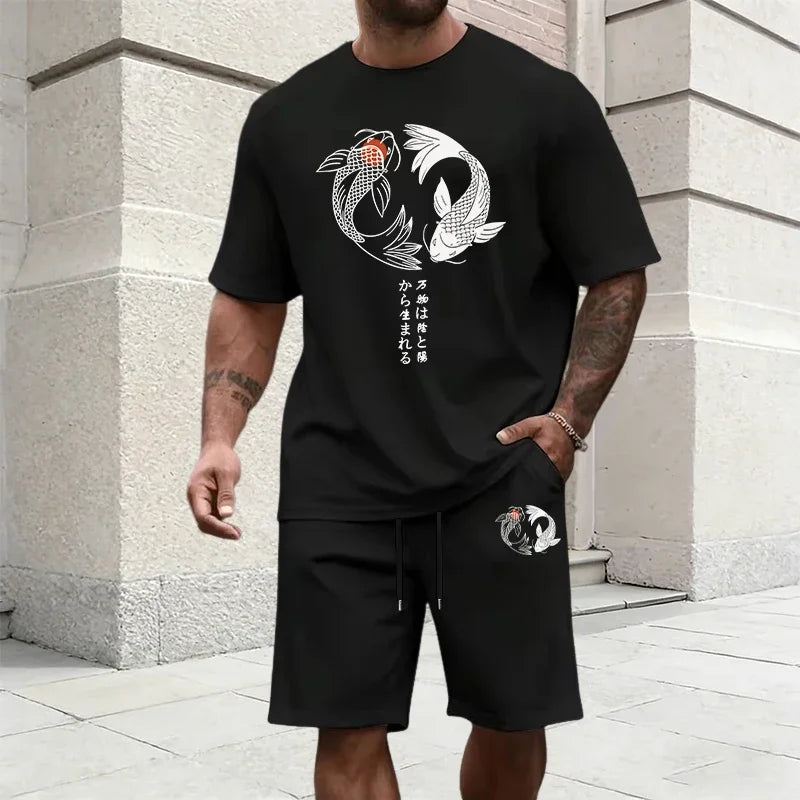 Japanese Yinyang Pattern Men's Tracksuit Cotton T-shirt and Sports Shorts Summer Urban Casual Fashion Short Sleeve Outfits S-3XL