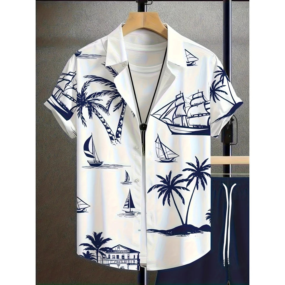 Summer Man Set Coconut Tree Fresh Flower Pattern Men's Short-Sleeved Button Shirt Summer Seaside Beach Vacation Hawaiian Shirt