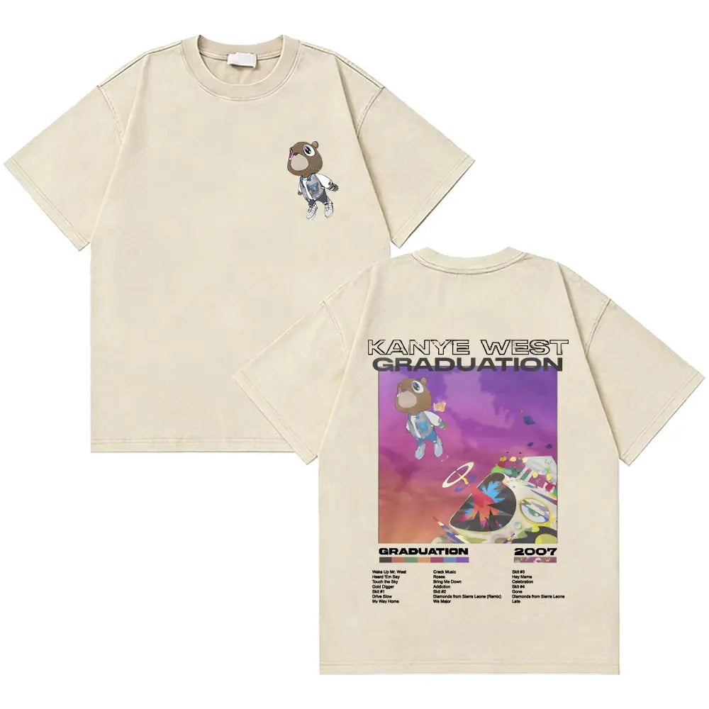 Awesome Rapper Kanye West Graduation Bear Vintage Washed T-shirt Men Women Hip Hop Fashion Trend Short Sleeve T Shirt Streetwear