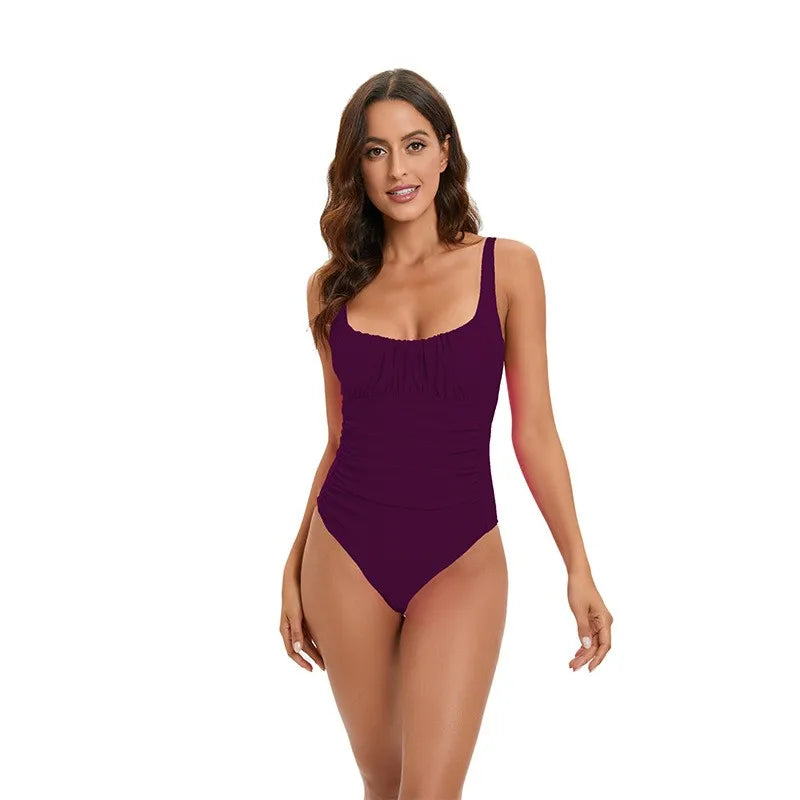 Swimwear Women Swimsuit Tummy Control Square Neck One-Piece Swimsuit Black High Cut Legs Solid Color Navy Blue Bathing Suit
