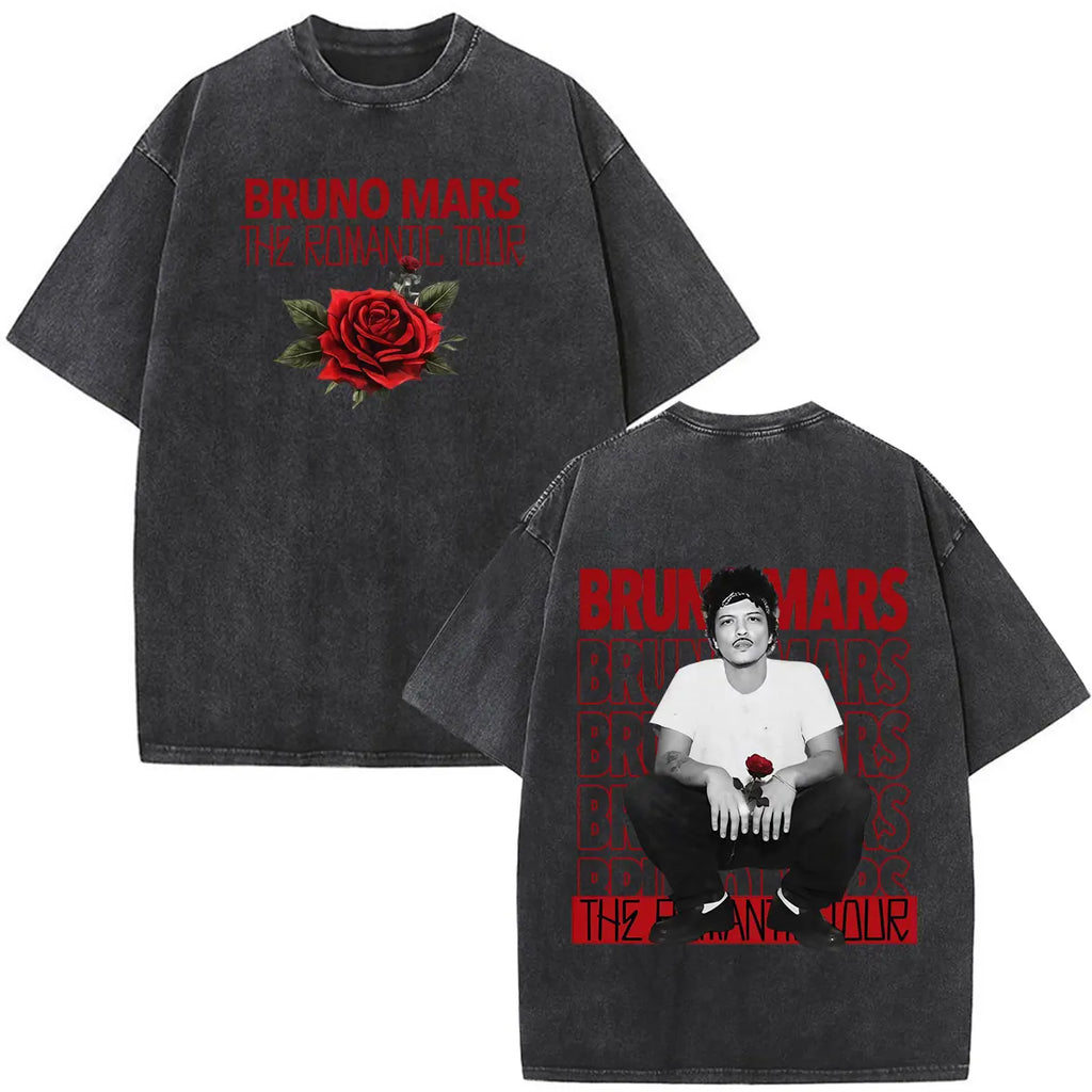 Bruno Mars The Romantic Tour 2026 Print Vintage Washed T-shirt Man Woman Fashion T-shirts Cotton Loose Casual Oversized T-shirts