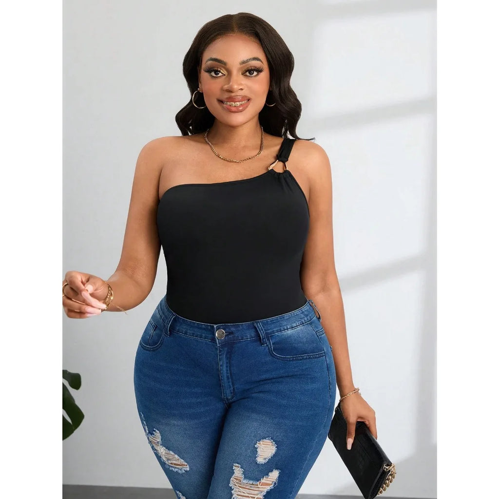Plus-Size Women's Jumpsuit Sexy One-Shoulder Gold Ring Detail Solid Color Waist-Defining Pants Slimming Shaping One-Piece
