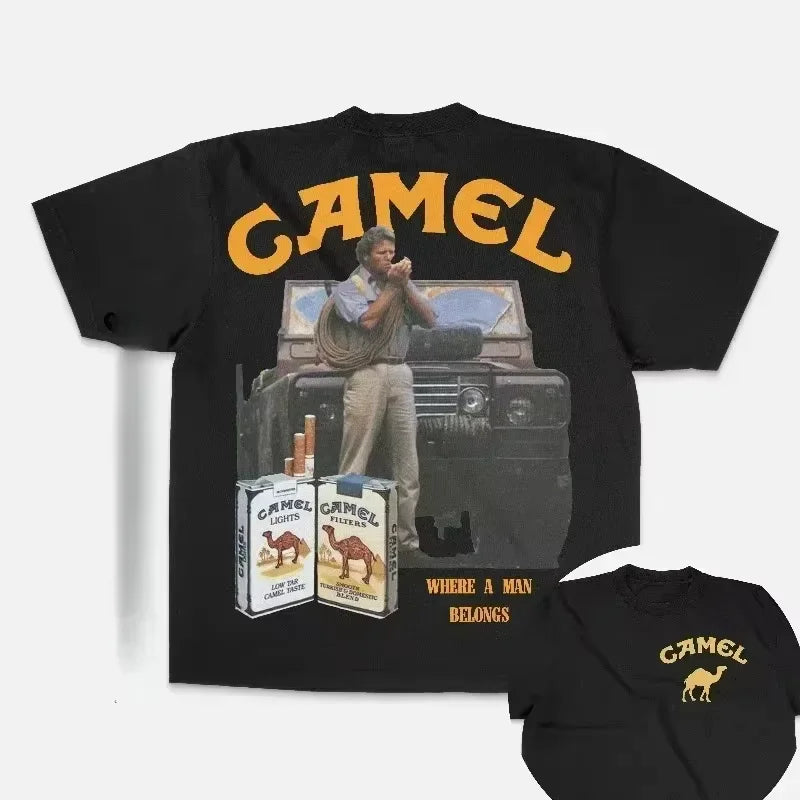 2026 Summer New Men's Women's Luxury Fashion Retro Car Camel Cigarette T-shirt Retro Cotton Top T-shirt Casual Street Wear Y2K