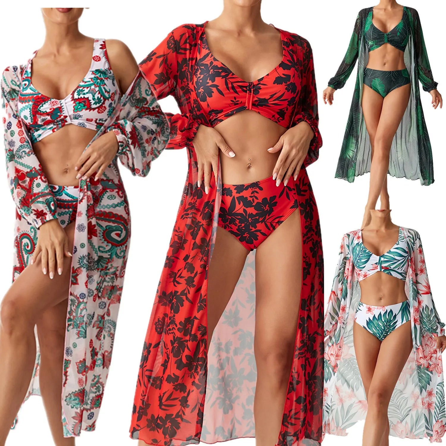 Women's 2026 Tankini Printed High Waist Long Sleeve Tankini Top Floral Print V Neck Swim Top Tropical Leaf Print Bikini Top