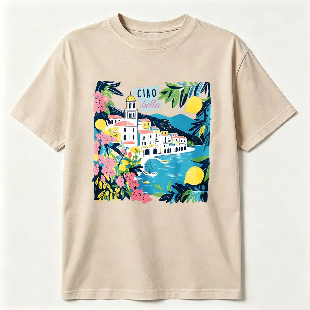 Italian Floral Mediterranean T-Shirt Ciao Bella Amalfi Coast Summer Tee Lemon Village Sailboat Positano Limoncello Travel Gift