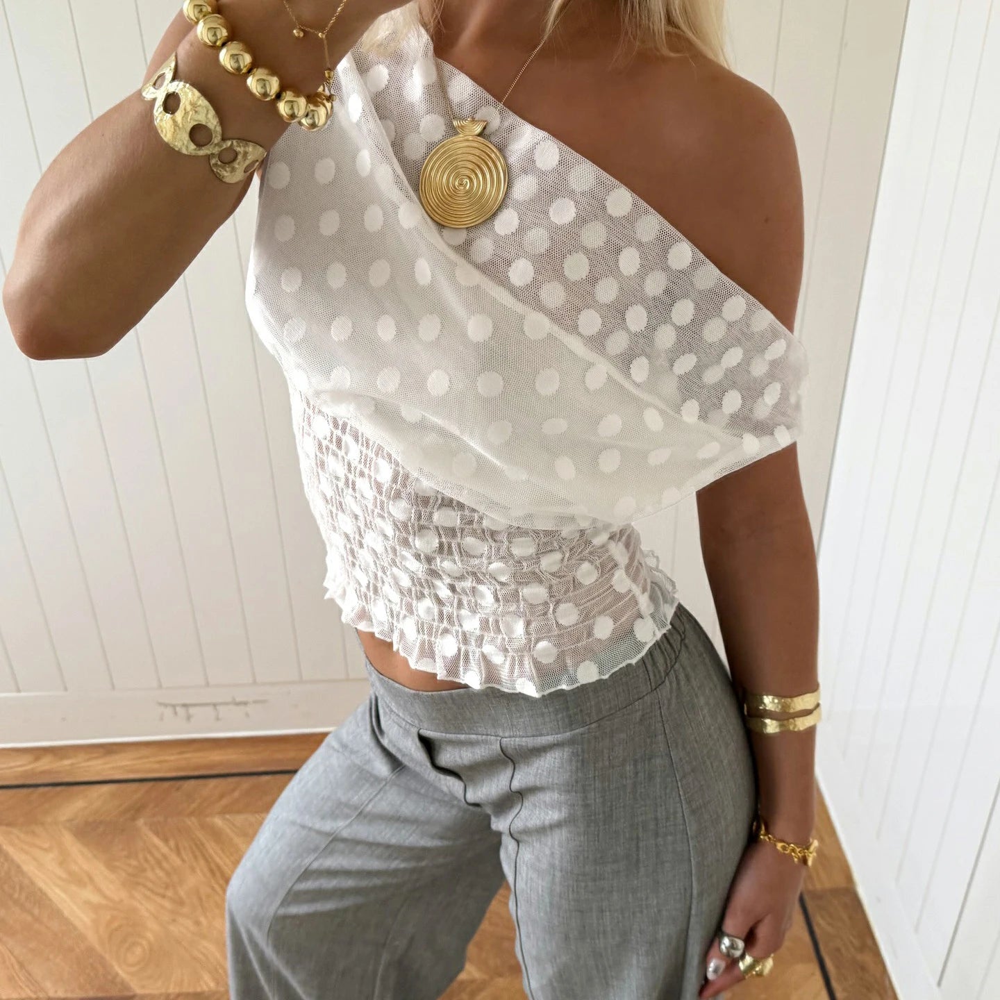 SUCHCUTE Y2k Polka Dot Skew Collar Short Sleeve Slim Waist Top Women Sexy Ruched T-Shirt Summer Streetwear Tees Korean Coquette