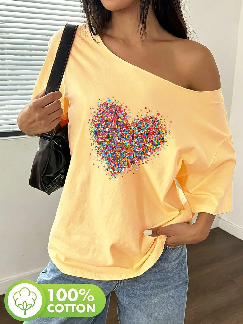 Plus Size 100% Cotton Shoulder Loose Print T-Shirt Oversized Y2K Style Graphic Tees Women Tops Summer Off The Shoulder Top