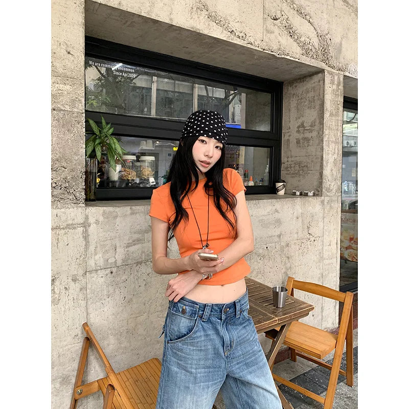 Benuynffy Solid Color Round Neck Crop Top Women 2026 Summer New Korean Style Chic Short Sleeved All Match Casual Y2k Top Tees
