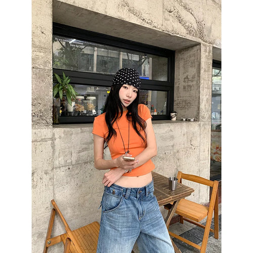 Benuynffy Solid Color Round Neck Crop Top Women 2026 Summer New Korean Style Chic Short Sleeved All Match Casual Y2k Top Tees