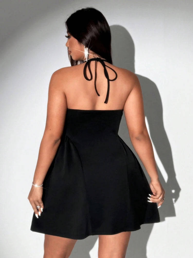 Plus Size Women Halter Black Mini Dress Lace Deep V Neck Sleeveless A Line Flare Club Party Short Dress