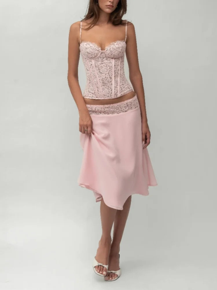 Chic Pink Lace Corset Two-Piece Set Women Sexy Spaghetti Strap Top Flowy Satin Midi Skirt Summer Party Evening Cocktail Outfit