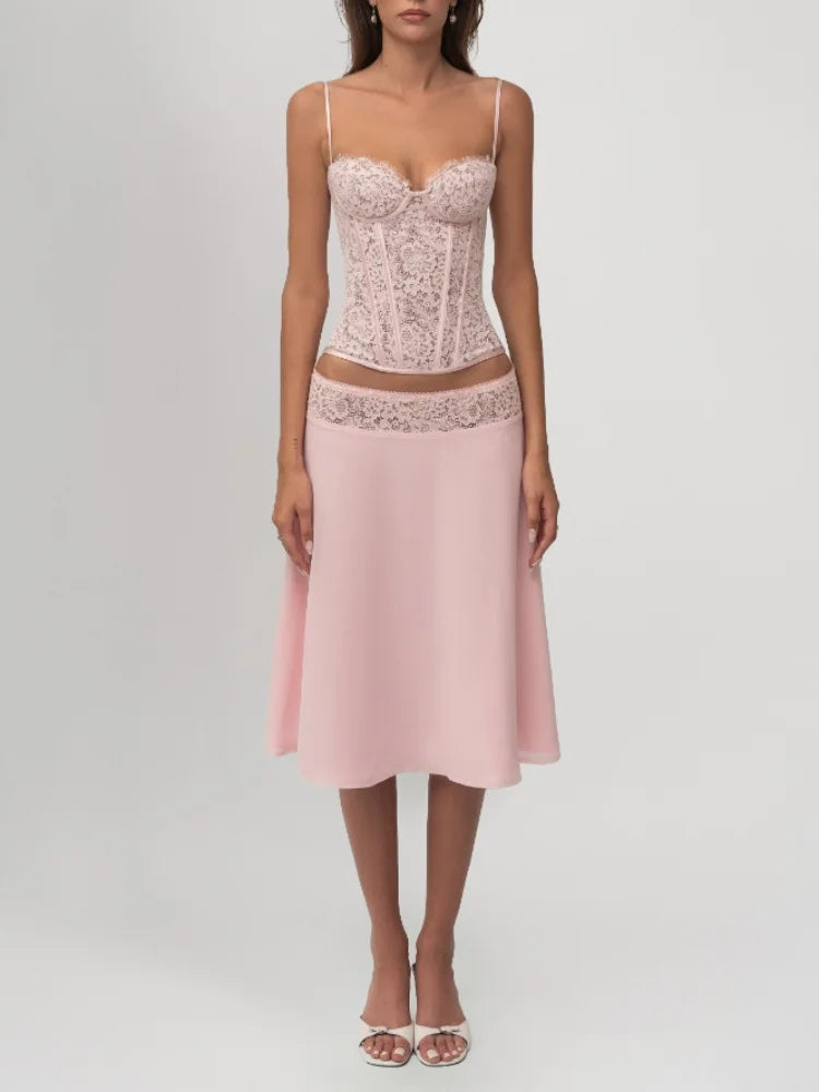 Chic Pink Lace Corset Two-Piece Set Women Sexy Spaghetti Strap Top Flowy Satin Midi Skirt Summer Party Evening Cocktail Outfit