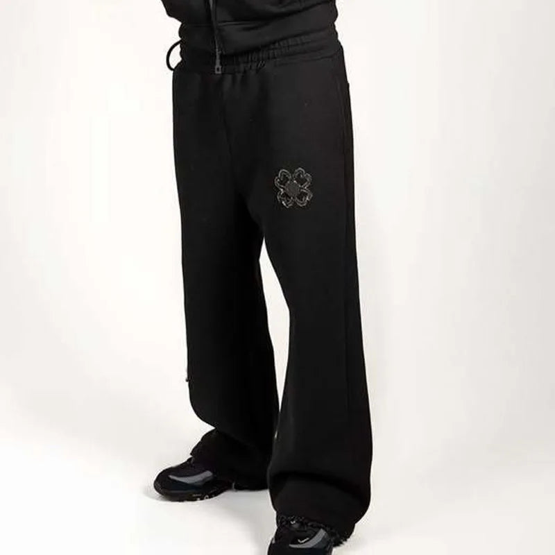 Spring Autumn Oversized 4 Leaf Clover Applique Zip Up Hoodie Tracksuit Set Men Y2K Streetwear Fleece Sweatpants 2 Piece Outfits