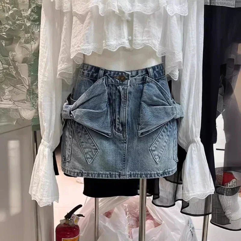 Elegant Women's High Waist Denim Short Skirt Kawaii Bows Sexy Party Mini Jean Skirts Slim Streetwear Y2K Skirt Summer Streetwear - Desert aura