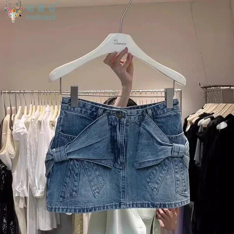 Elegant Women's High Waist Denim Short Skirt Kawaii Bows Sexy Party Mini Jean Skirts Slim Streetwear Y2K Skirt Summer Streetwear - Desert aura