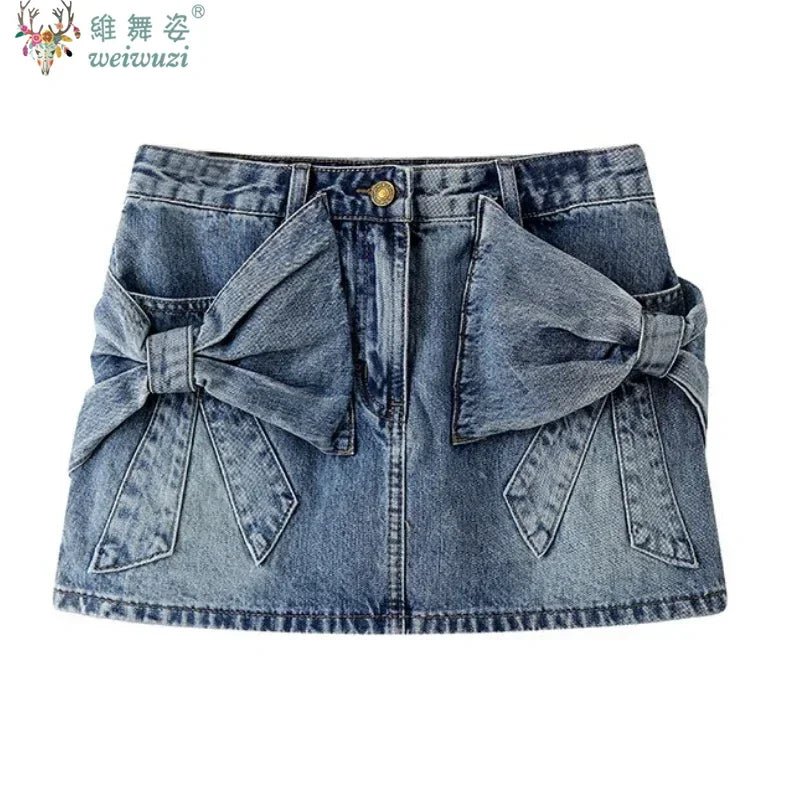 Elegant Women's High Waist Denim Short Skirt Kawaii Bows Sexy Party Mini Jean Skirts Slim Streetwear Y2K Skirt Summer Streetwear - Desert aura