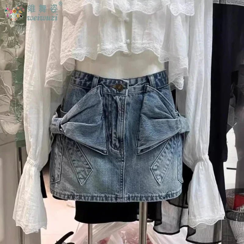 Elegant Women's High Waist Denim Short Skirt Kawaii Bows Sexy Party Mini Jean Skirts Slim Streetwear Y2K Skirt Summer Streetwear - Desert aura