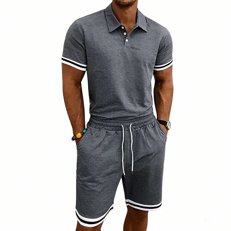 European and American men's summer casual trend thin breathable polo lapel short-sleeved POLO shorts set - Desert aura