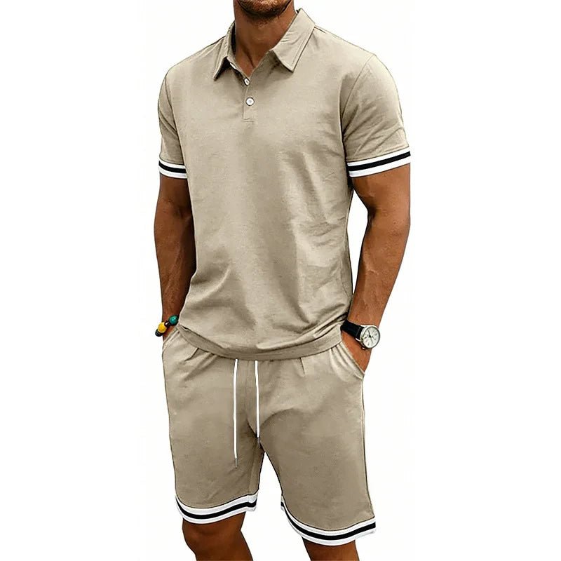 European and American men's summer casual trend thin breathable polo lapel short-sleeved POLO shorts set - Desert aura