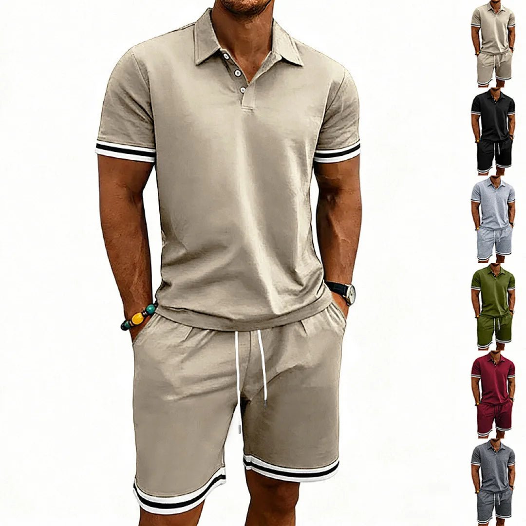 European and American men's summer casual trend thin breathable polo lapel short-sleeved POLO shorts set - Desert aura