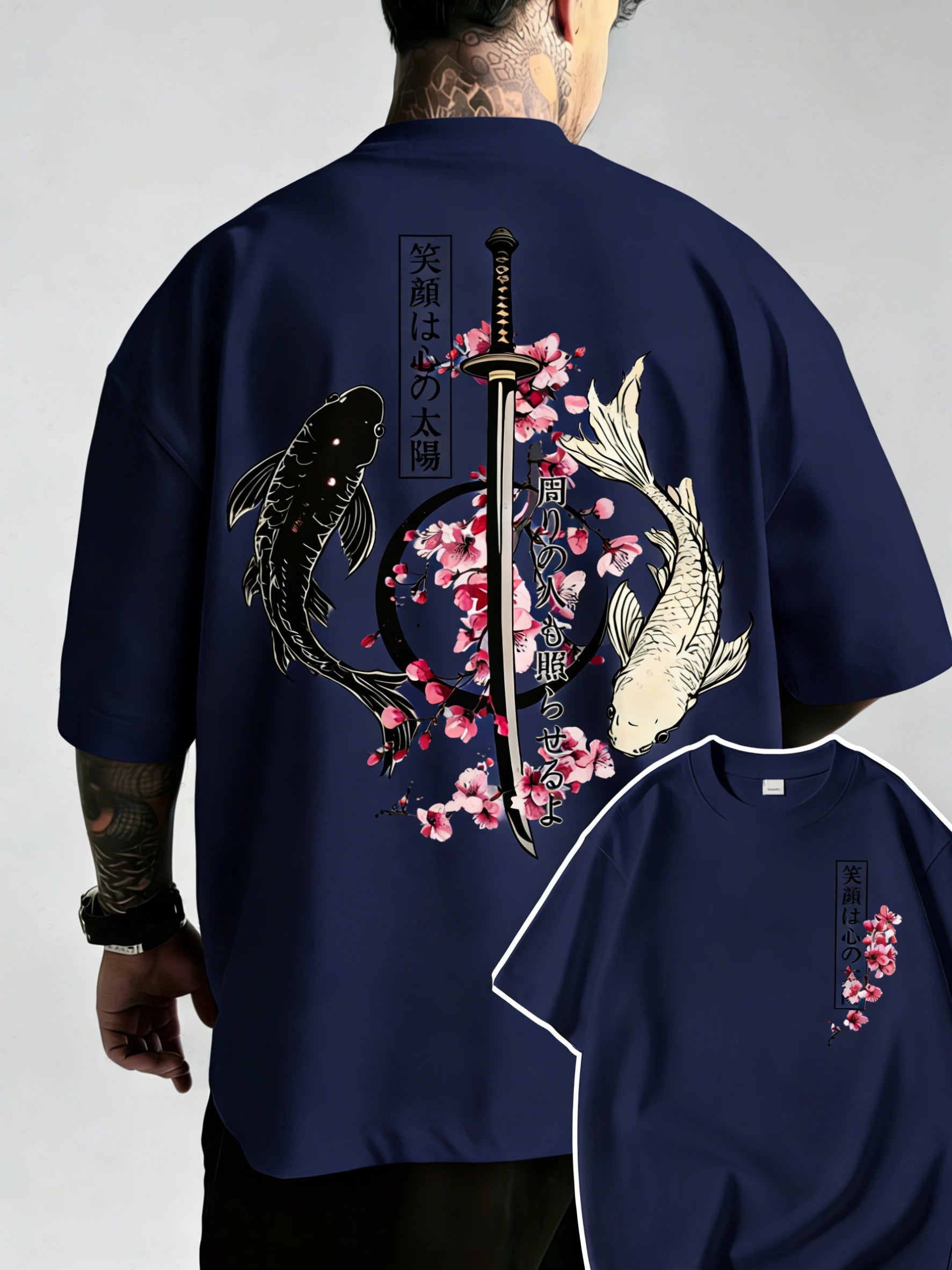 Summer Hot Japanese Yin Yang Koi Fish & Samurai Sword Pattern Cotton Men’s T-Shirt Short Sleeve Tees Casual Oversized Unisex Top