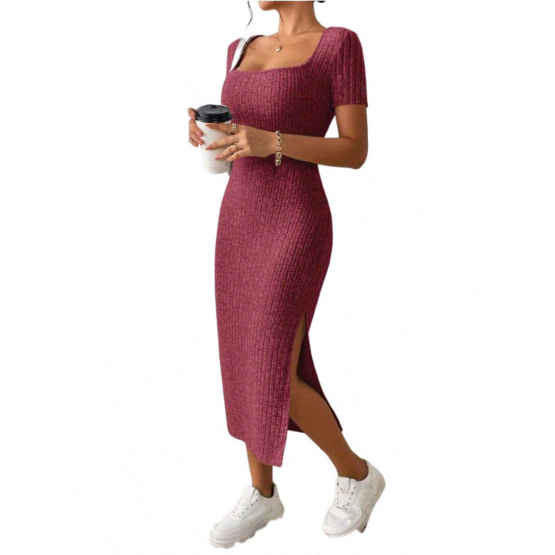 Womens Square Neck Slim Fit Slit Dress