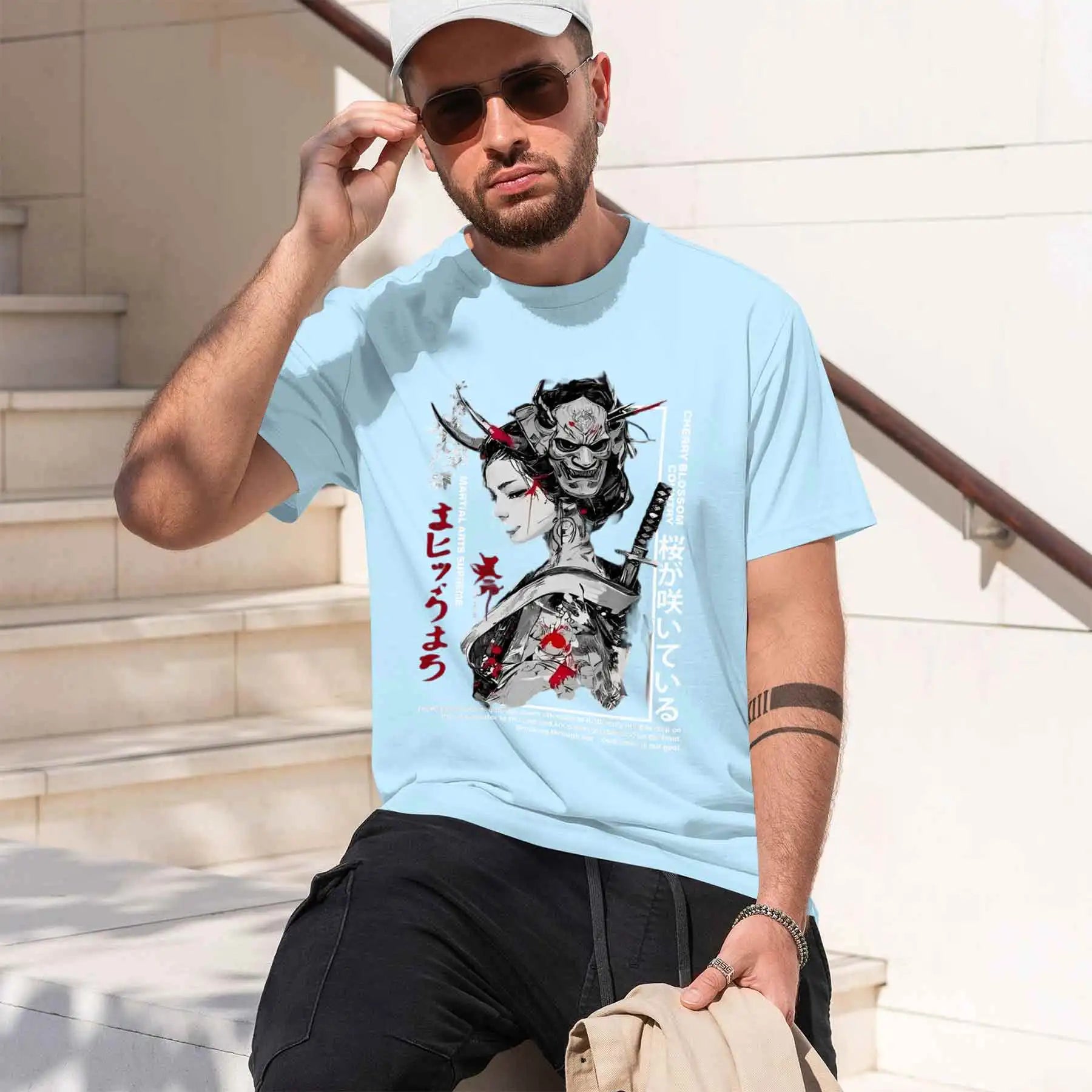 new printed T-shirt printed with  Men's Japanese Dark Ukiyo-e T-shirt, Oni Mask Geisha Katana Print Cool Street Style Top