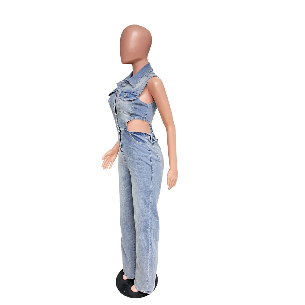 European American Sexy Hollowed-out Design Sleeveless Lapel Denim Jumpsuit. New Fashion Straight-leg Jumpsuits for Women Spring