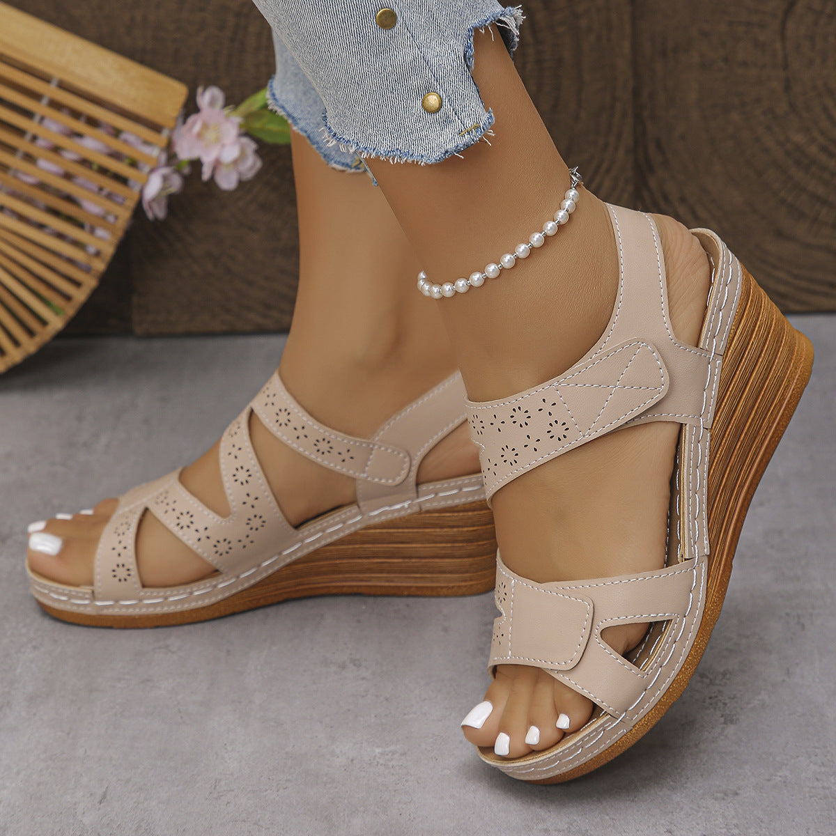 Women's Wedge Sandals with Adjustable Velcro Straps