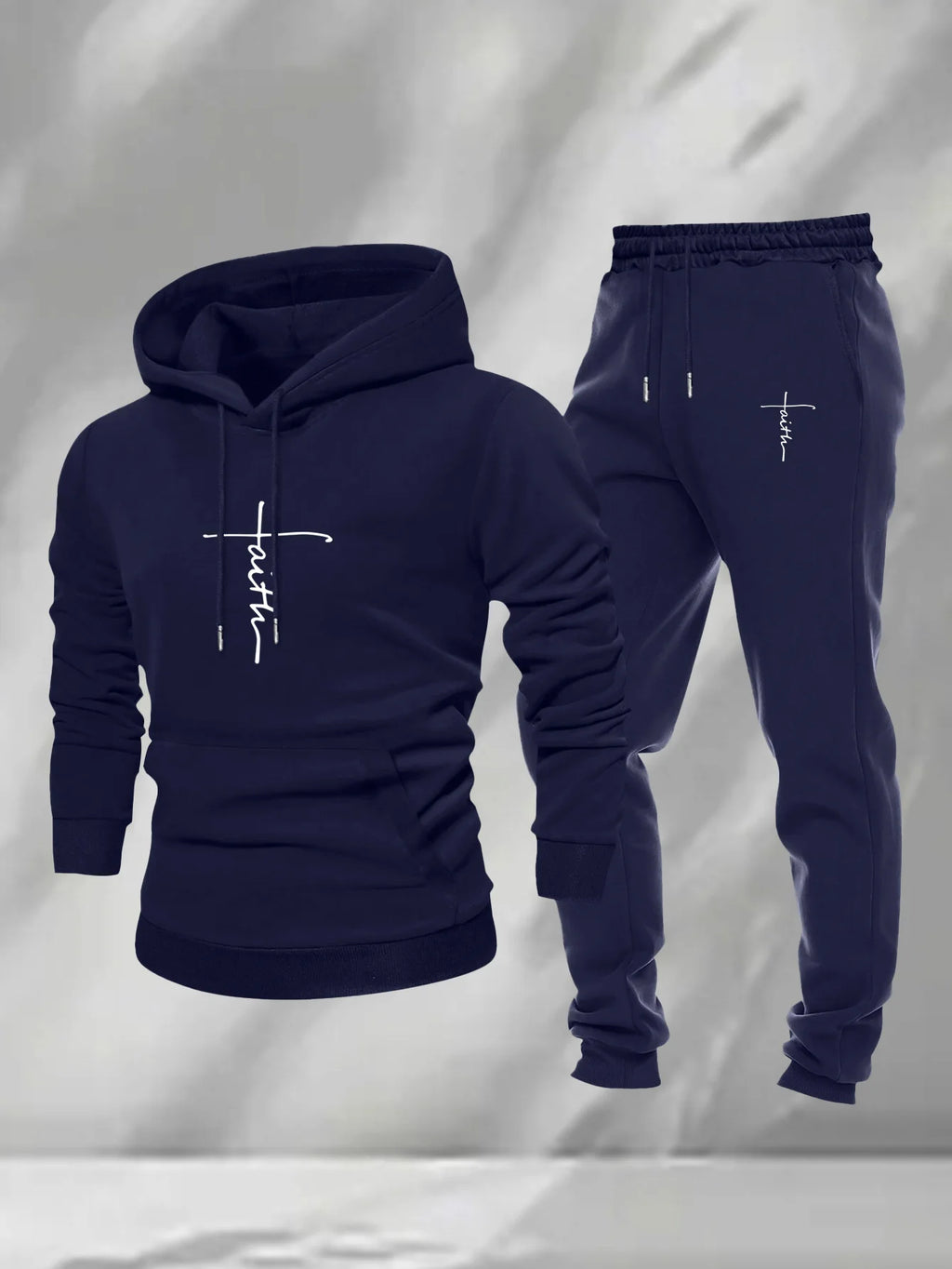 Men 2Pcs Faith Cross Graphic Hoodie Sweatpants Set Polyester Loose Autumn Street Casual Sport Tracksuit Male
