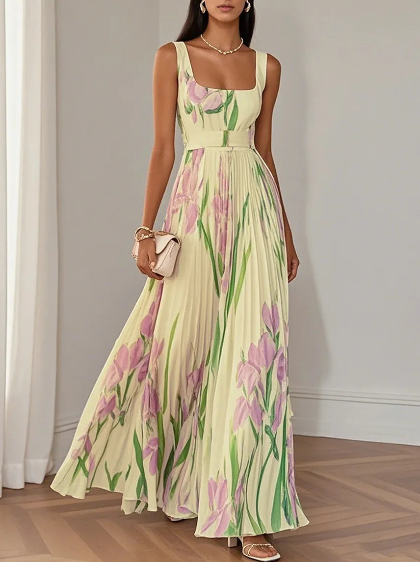Hot Sale Women High Waist Pleated Maxi Dress Square Neck Sleeveless Floral Digital Print Strap Summer Beach Vacation Long Dresse