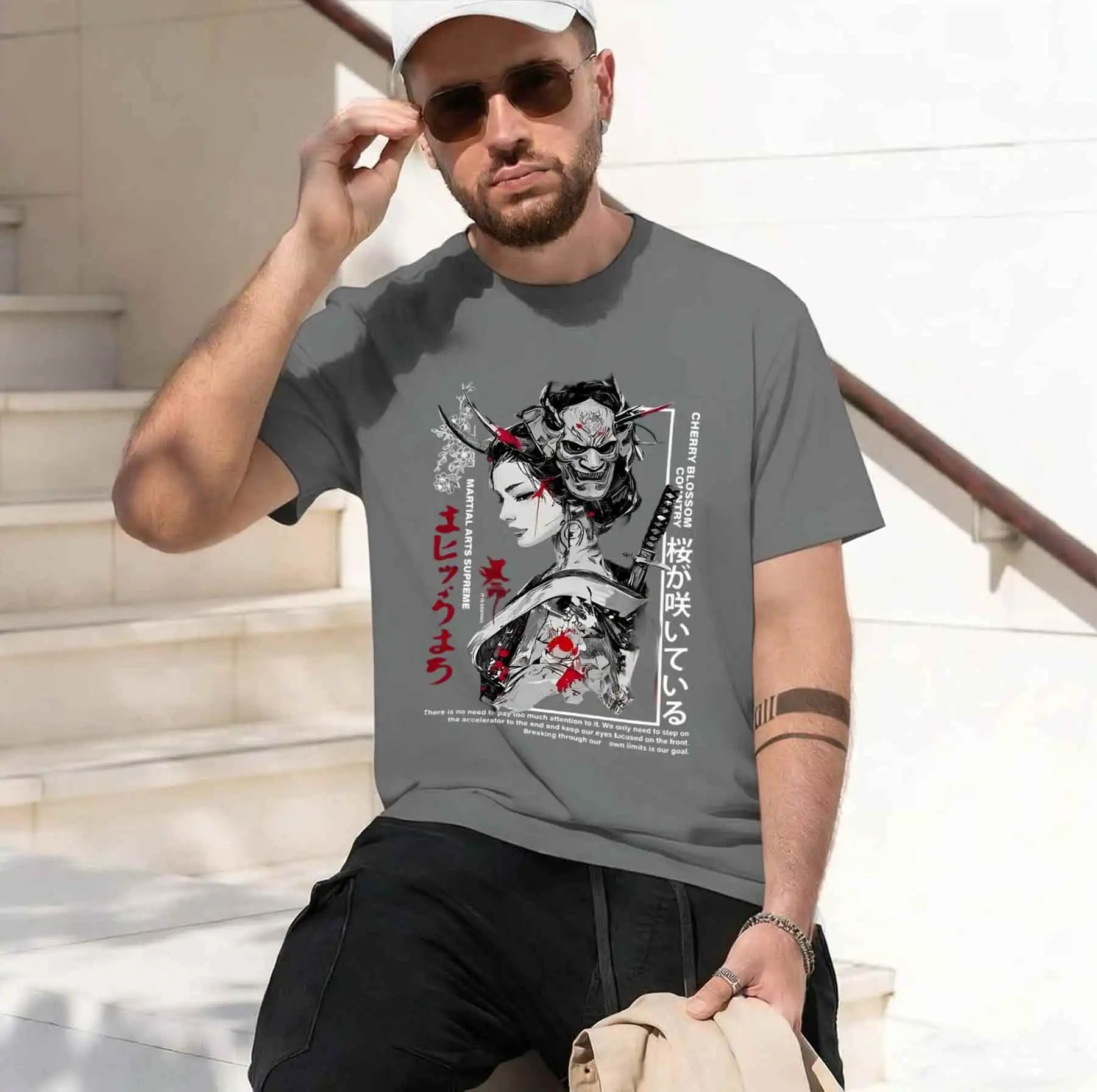 new printed T-shirt printed with  Men's Japanese Dark Ukiyo-e T-shirt, Oni Mask Geisha Katana Print Cool Street Style Top