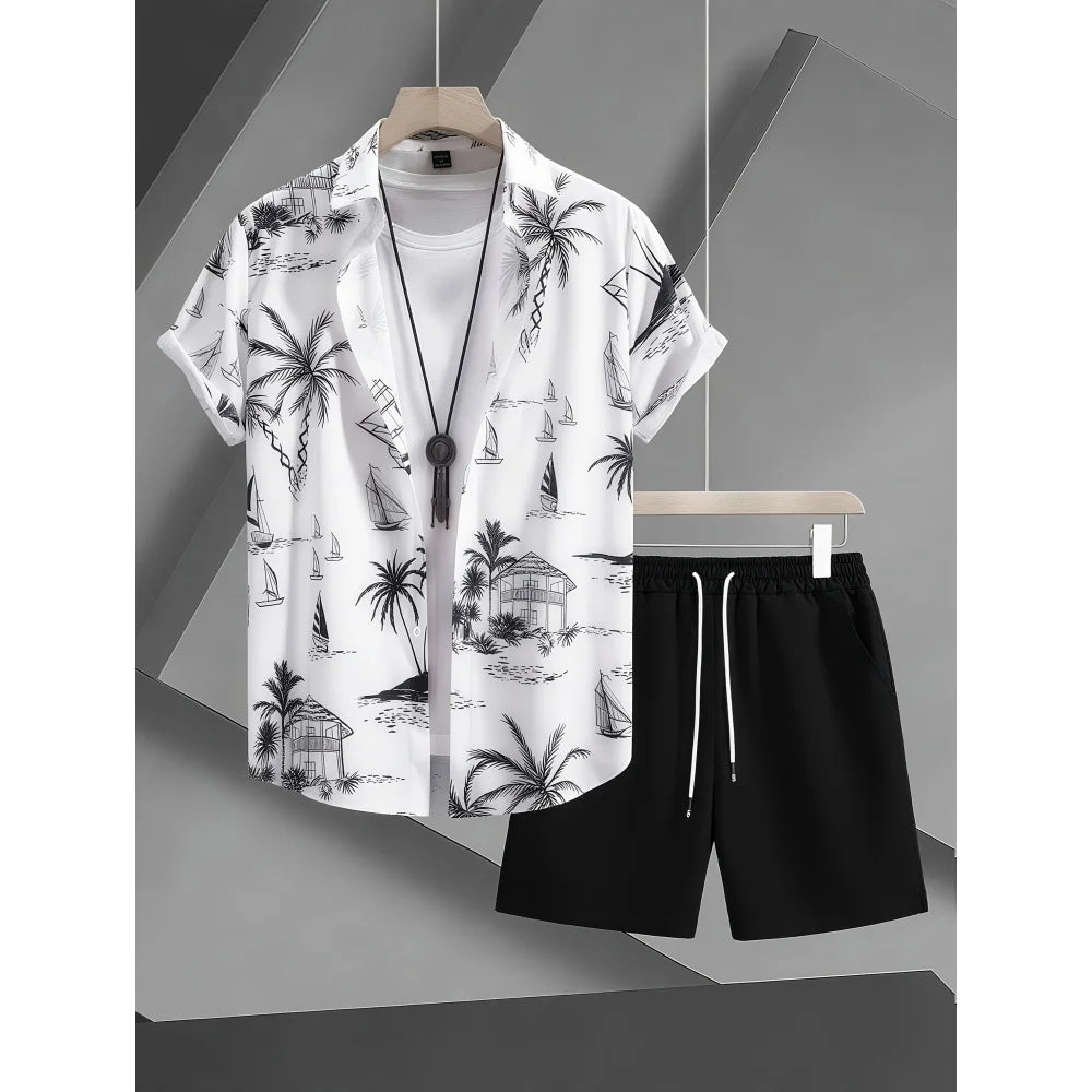 Summer Man Set Coconut Tree Fresh Flower Pattern Men's Short-Sleeved Button Shirt Summer Seaside Beach Vacation Hawaiian Shirt
