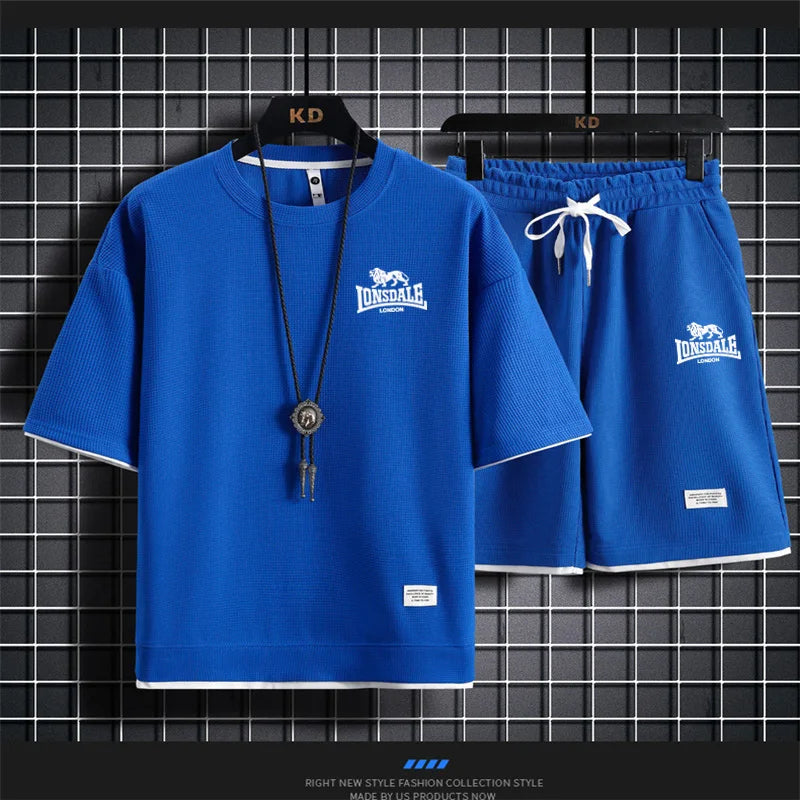 Men's summer new casual short-sleeved T-shirt set, fashionable outdoor men's round-neck pullover + sports shorts 2-piece set