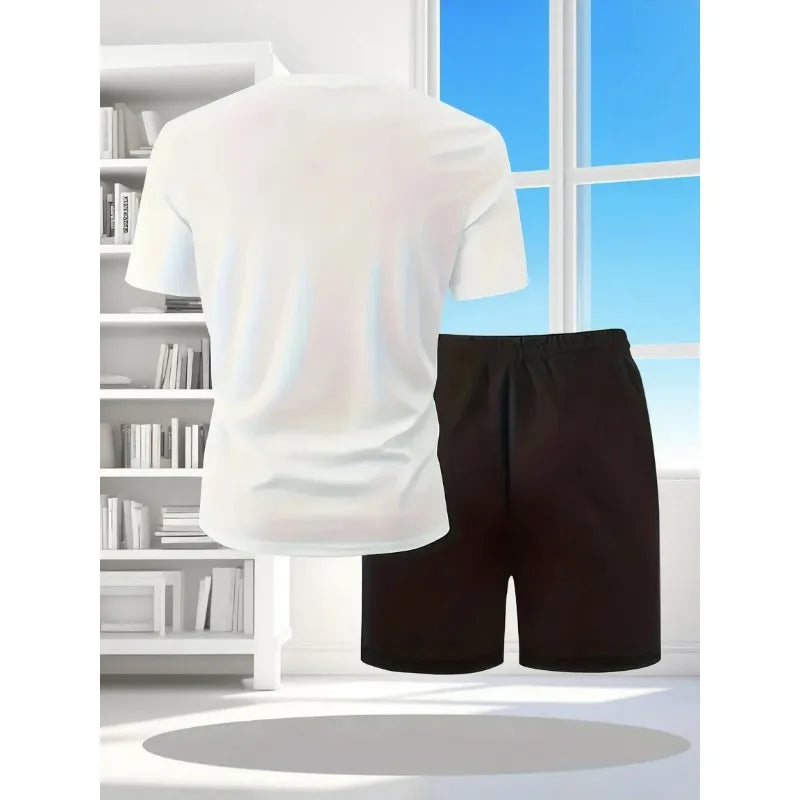 Street Fashion Trend Men's Round Neck Short Sleeved Set, Outdoor Simple Round Neck Top, Casual and Comfortable Shorts