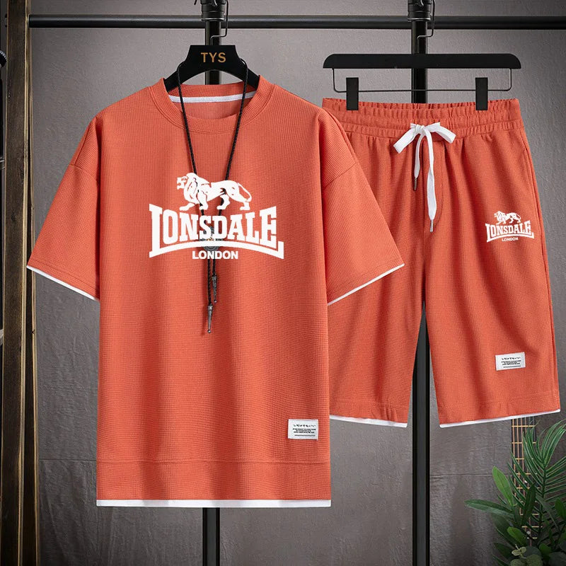 Men's summer new casual short-sleeved T-shirt set, fashionable outdoor men's round-neck pullover + sports shorts 2-piece set