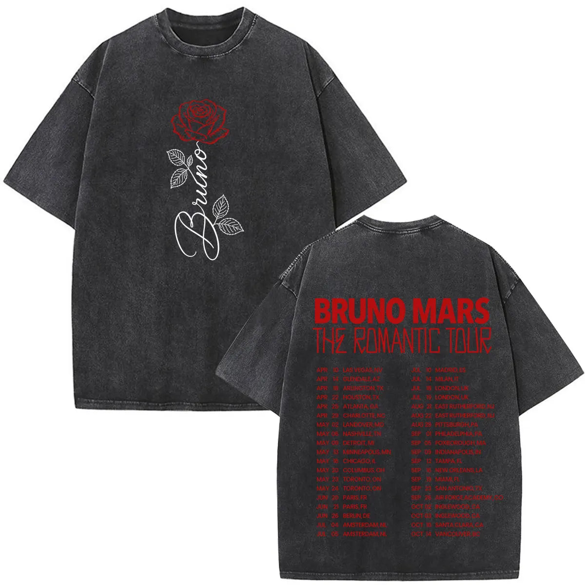 Bruno Mars The Romantic Tour 2026 Print Vintage Washed T-shirt Man Woman Fashion T-shirts Cotton Loose Casual Oversized T-shirts