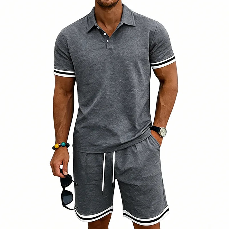 European and American men's summer casual trend thin breathable polo lapel short-sleeved POLO shorts set