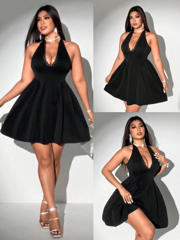 Plus Size Women Halter Black Mini Dress Lace Deep V Neck Sleeveless A Line Flare Club Party Short Dress