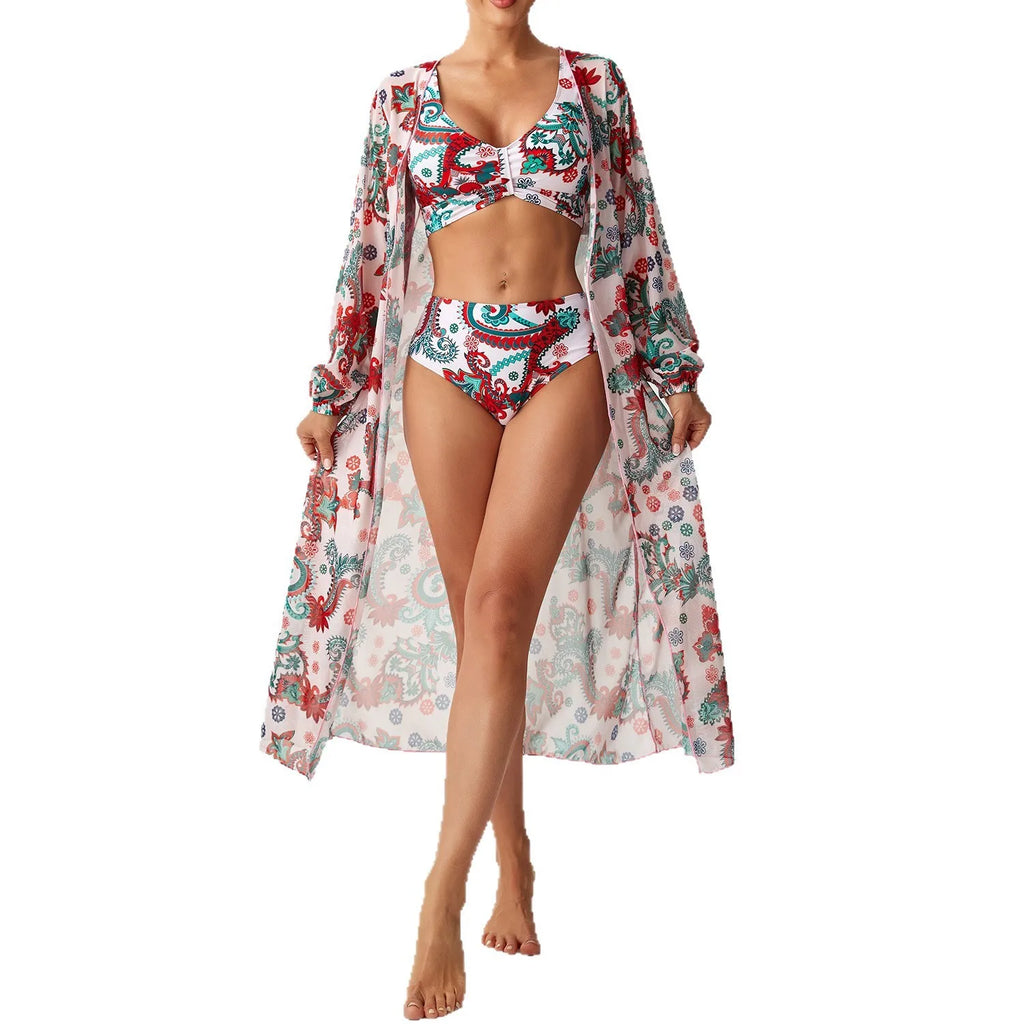 Women's 2026 Tankini Printed High Waist Long Sleeve Tankini Top Floral Print V Neck Swim Top Tropical Leaf Print Bikini Top