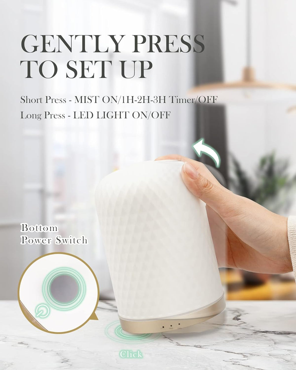 Essential Oil Diffuser - 2.4 Mhz Ultrasonic Cold Mist Aromatherapy Diffuser with 3 Timers, Auto Shut-Off, Ceramic Night Light Diffuser for Home, Bedroom, Office