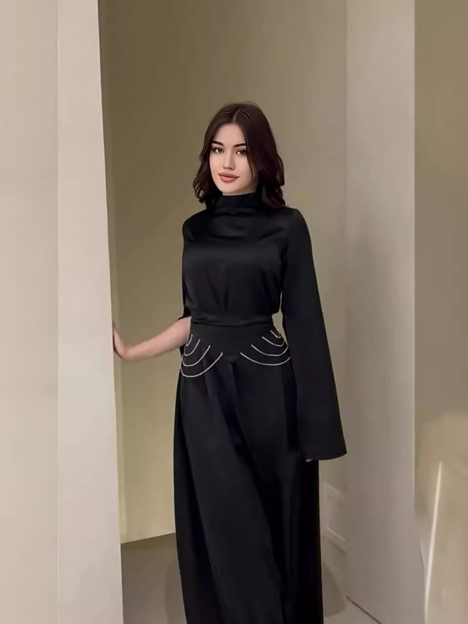 Long-Sleeve Half-High Collar Waist-Cinching Dress