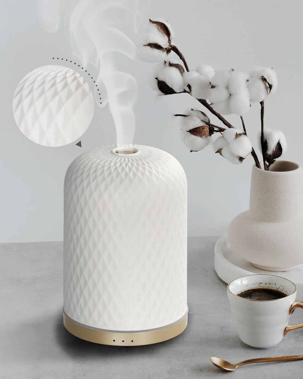 Essential Oil Diffuser - 2.4 Mhz Ultrasonic Cold Mist Aromatherapy Diffuser with 3 Timers, Auto Shut-Off, Ceramic Night Light Diffuser for Home, Bedroom, Office