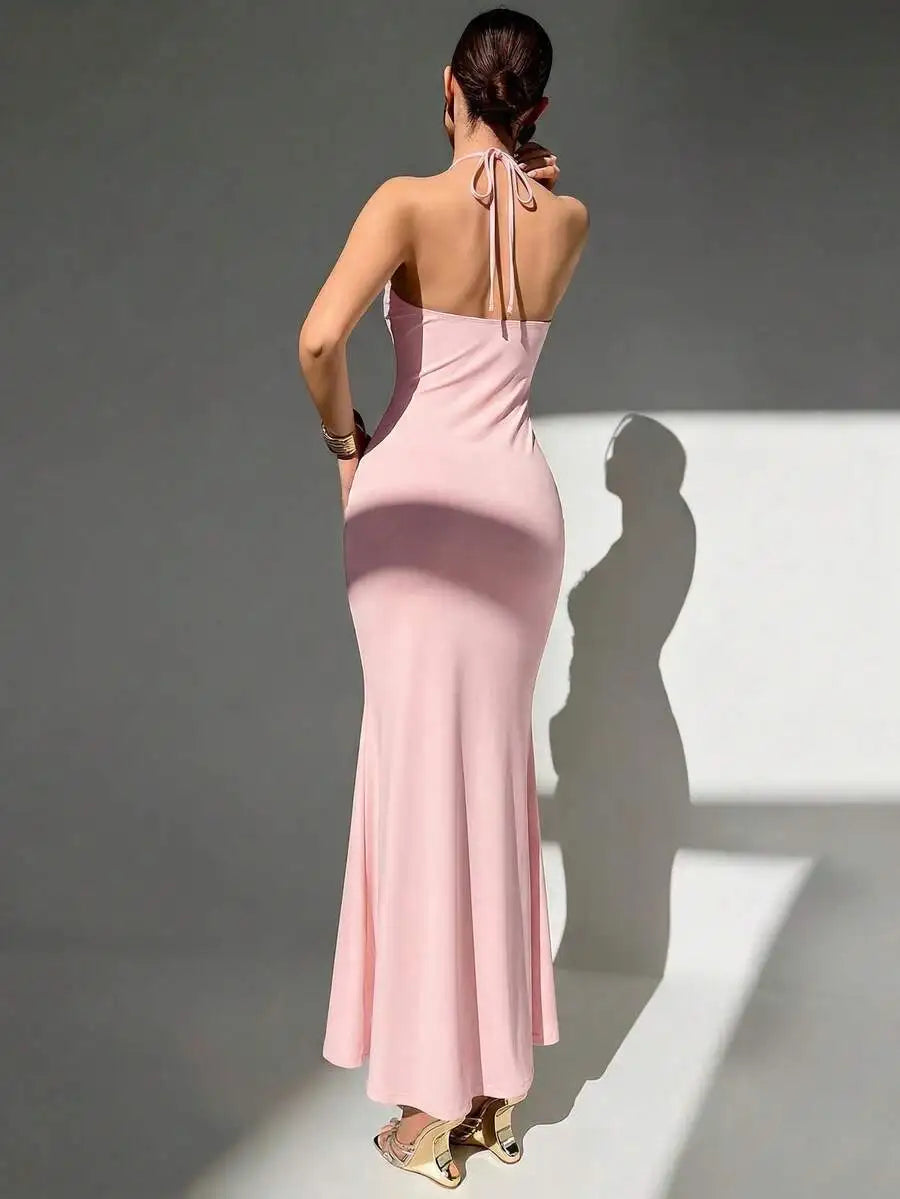Womens Sexy Y2K Micro Cup Front 3D Floral Decor Fitted Mermaid Maxi Slip Dress Pale Pink