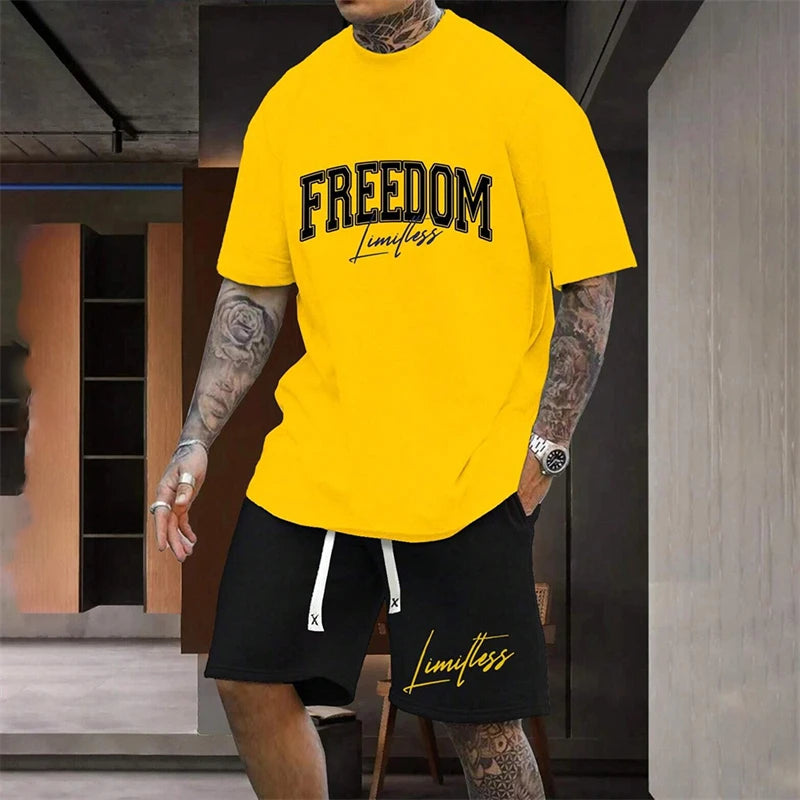 Men's Outdoor Letter Print Shorts Set Two-Piece Streetwear Two-Piece Athletic Wear Crew Neck T-Shirt Fashion Men's Apparel